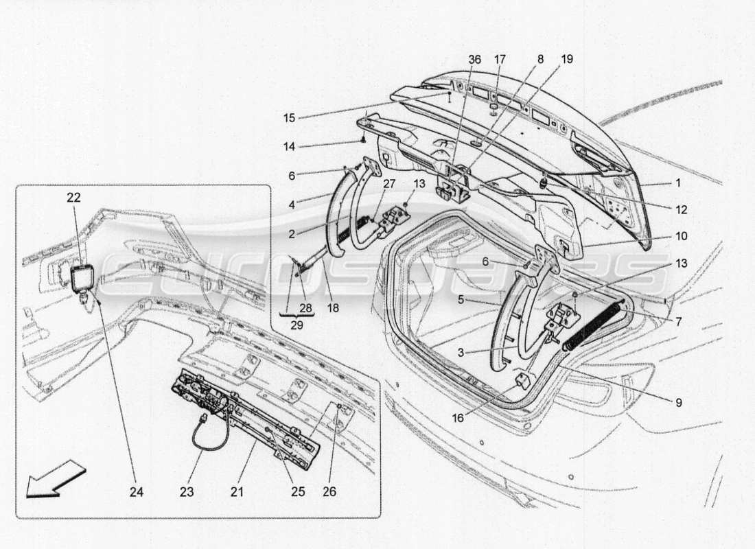 Maserati QTP. V8 3.8 530bhp Auto 2015 REAR LID Part Diagram