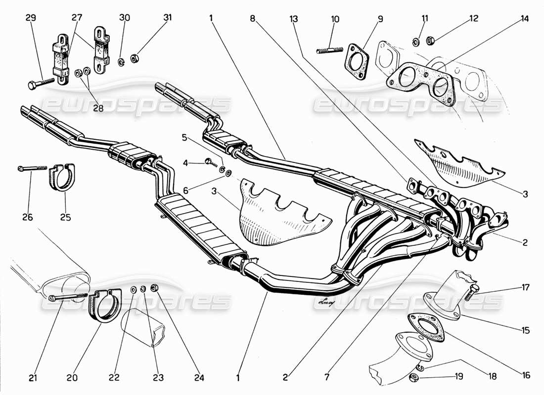 Ferrari 330 GT 2+2 Exhaust Manifolds, Silencers & Extensions Part Diagram
