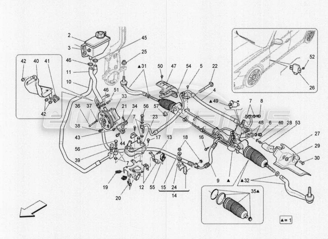 Maserati QTP. V8 3.8 530bhp 2014 Auto STEERING RACK AND HYDRAULIC STEERING PUMP Part Diagram