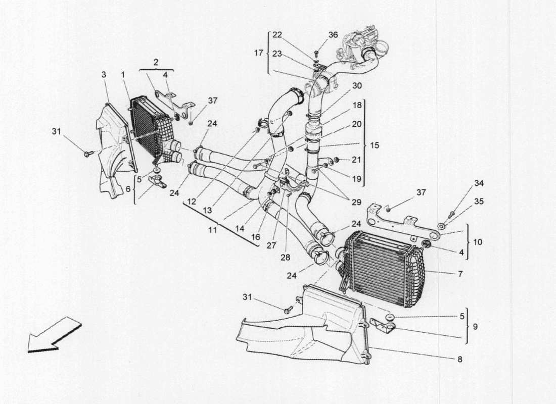 Maserati QTP. V6 3.0 TDS 275bhp 2017 Intercooling System Part Diagram