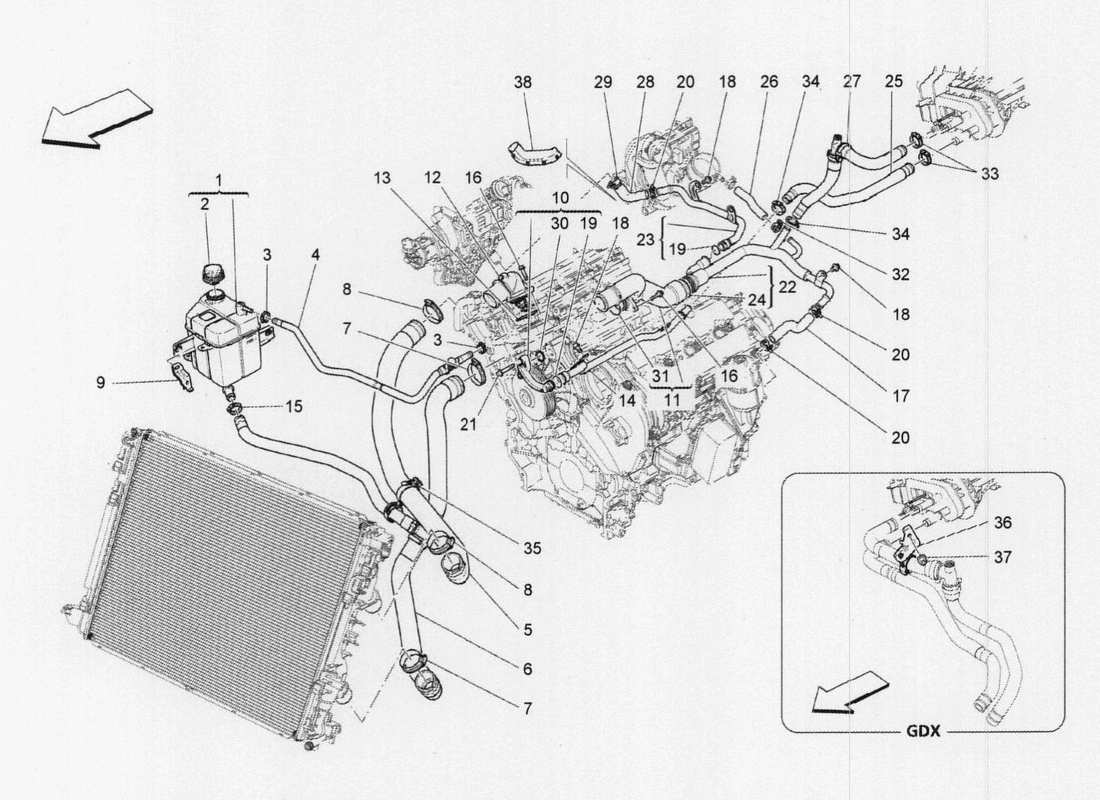 Maserati QTP. V6 3.0 TDS 275bhp 2017 cooling system: nourice and lines Part Diagram