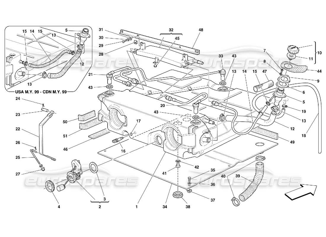 Ferrari 550 Maranello Fuel Tank -Valid for USA M.Y. 99, USA M.Y. 2000, CDN M.Y. 99 and CDN M.Y. 2000 Part Diagram
