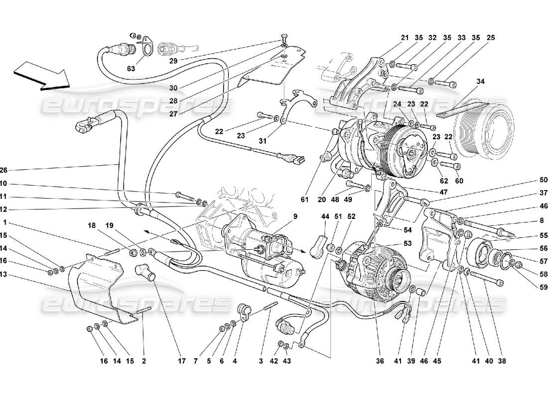 Ferrari 550 Maranello Alternator Starting Motor and A.C. Compressor Part Diagram