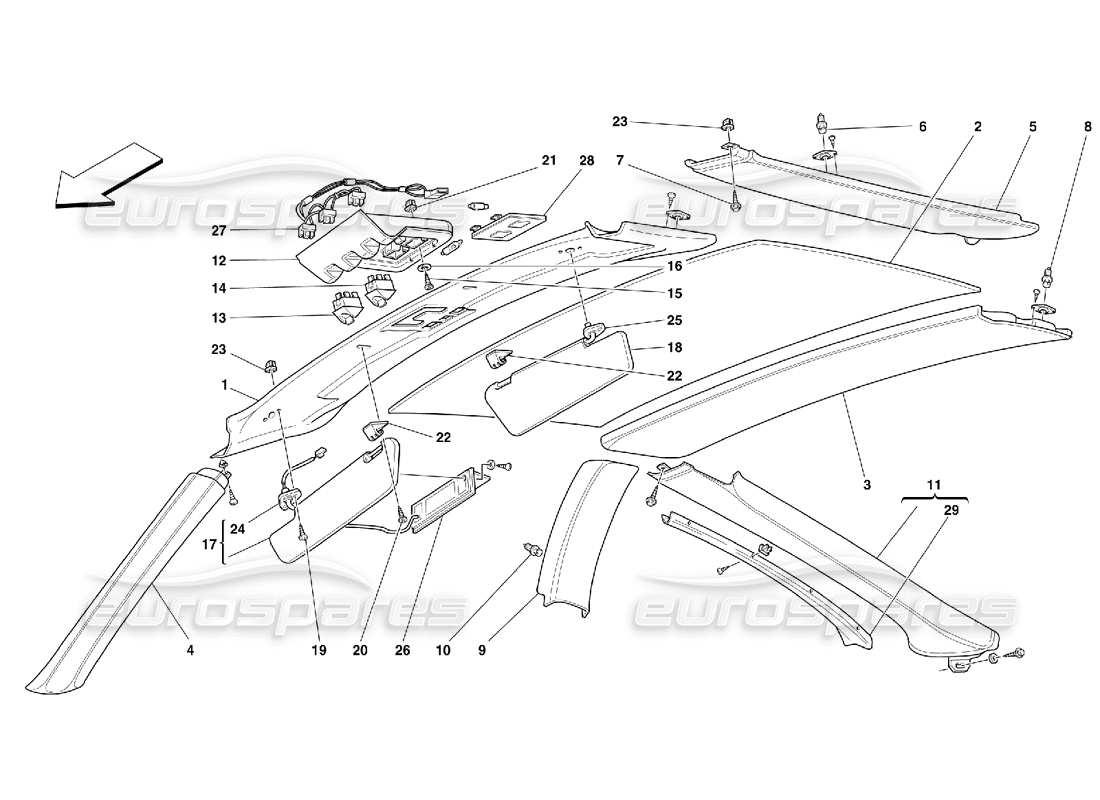 Ferrari 550 Maranello Roof Panel Upholstery and Accessories Part Diagram
