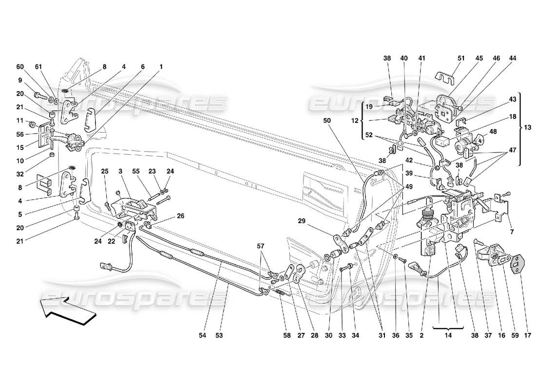 Ferrari 550 Maranello Doors - Opening Control and Hinges Part Diagram