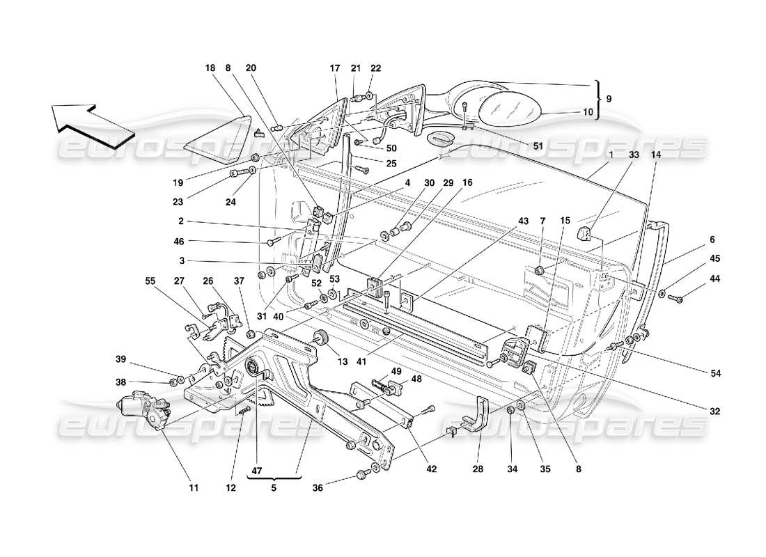 Ferrari 550 Maranello Doors - Power Window and Rearview Mirror Part Diagram