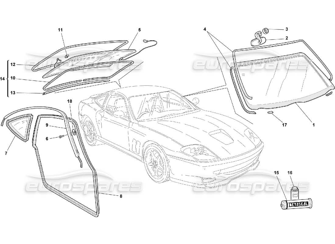 Ferrari 550 Maranello Glasses and Gaskets Part Diagram
