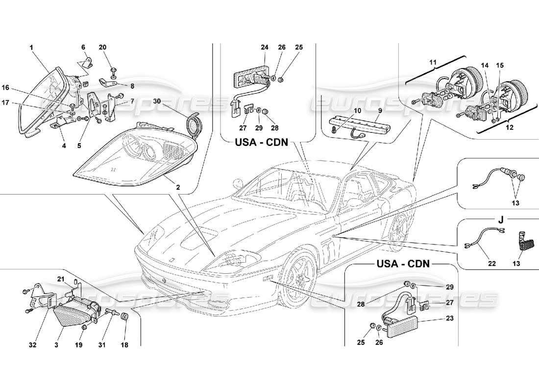 Ferrari 550 Maranello Front and Rear Lights Part Diagram
