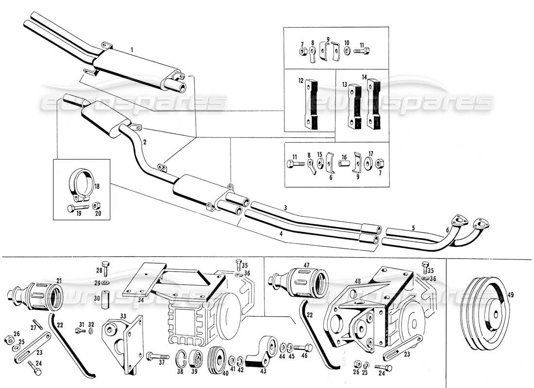 Maserati Mistral 3.7 Exhaust Pipes and Compressor Bracket Part Diagram