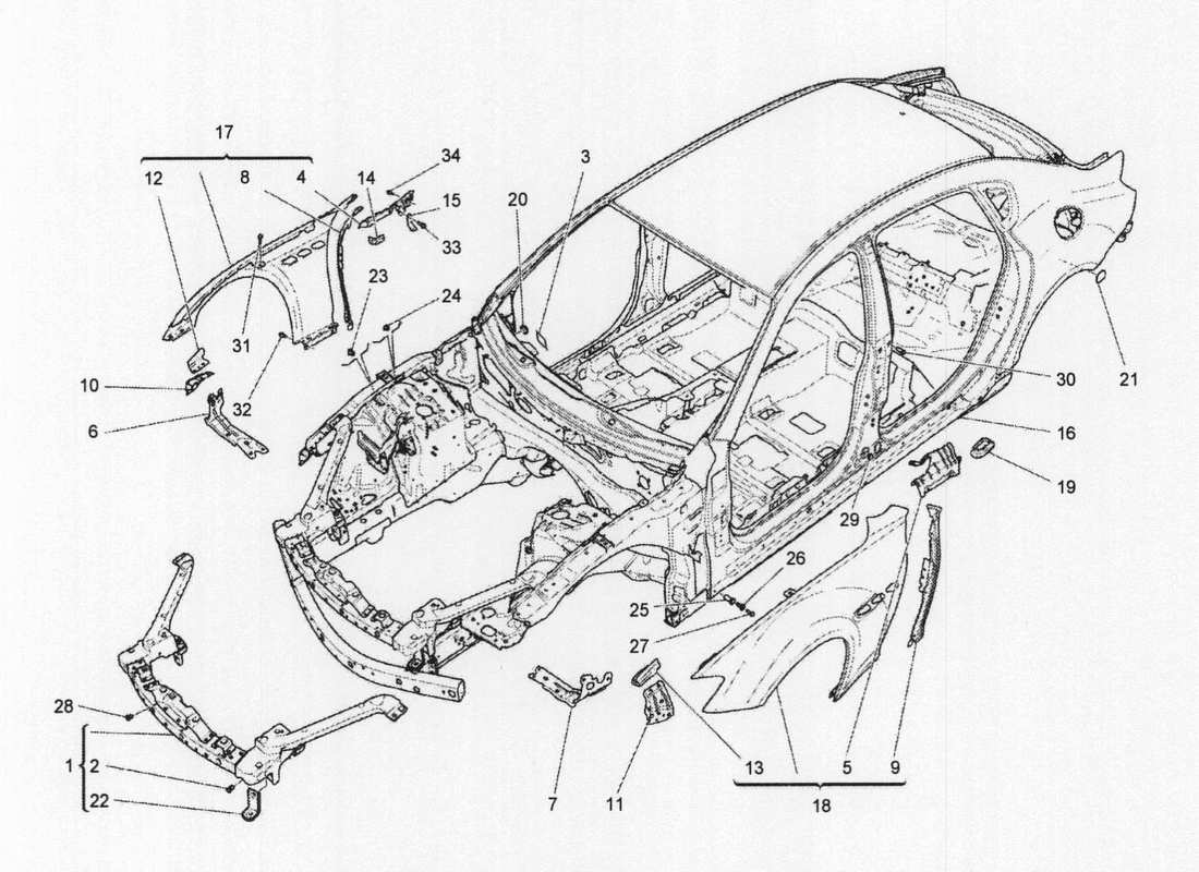 Maserati QTP. V6 3.0 BT 410bhp 2wd 2017 BODYWORK AND FRONT OUTER TRIM PANELS Part Diagram