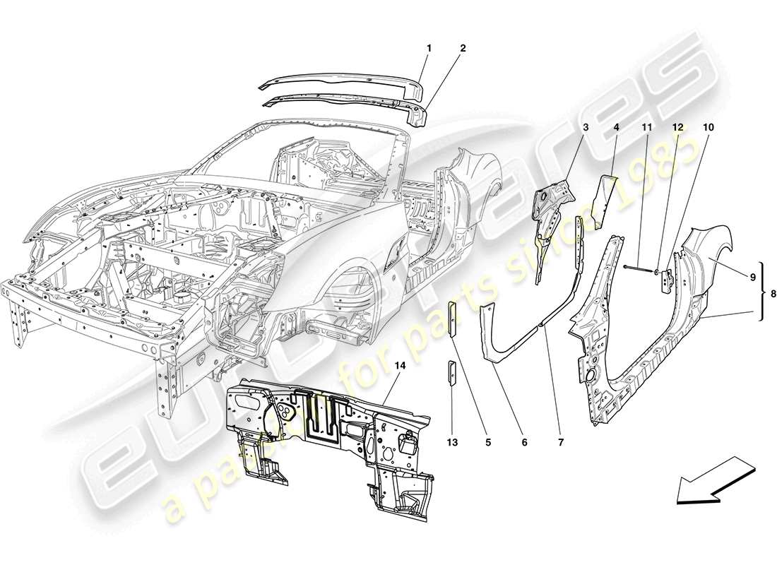 Ferrari California (Europe) centre bodyshell and external trim Parts Diagram