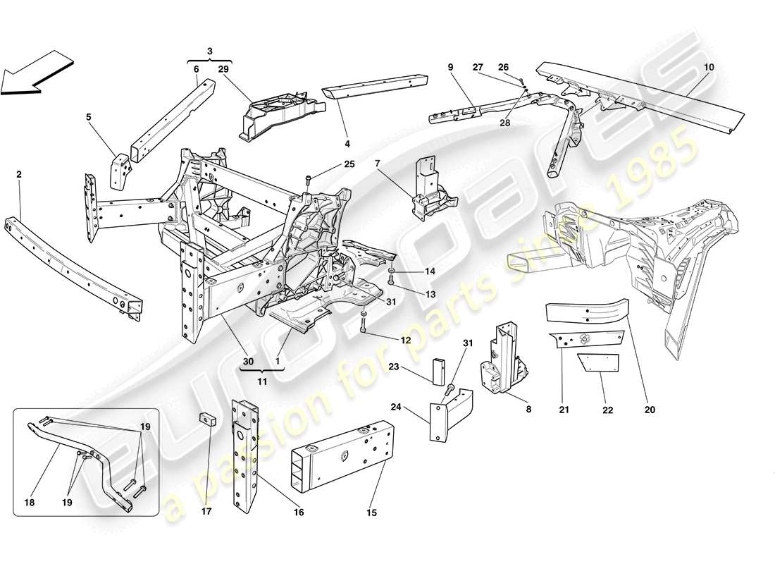 Ferrari California (Europe) front structures and chassis box sections Part Diagram