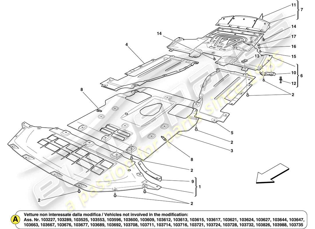 Ferrari California (Europe) UNDERBODY SHIELDS AND FLAT UNDERTRAY SECTIONS Parts Diagram