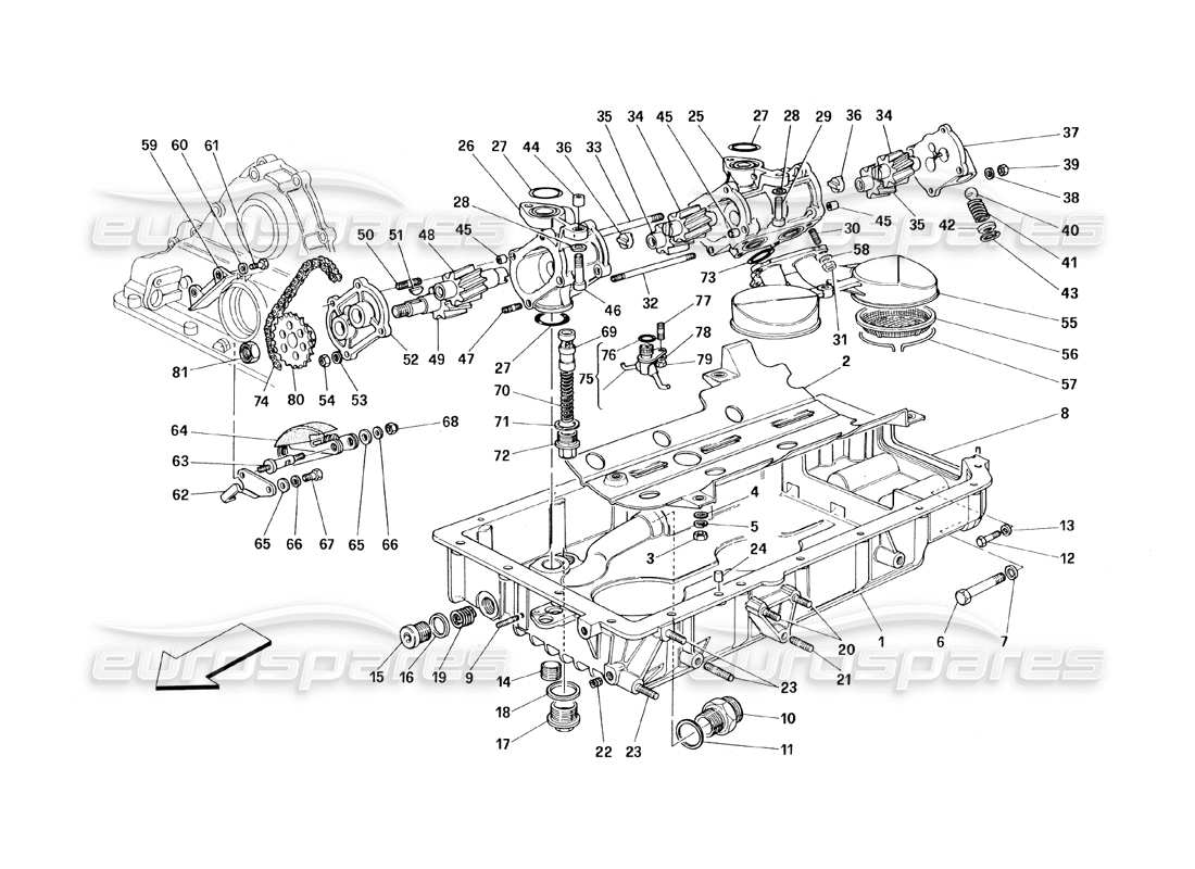 Ferrari 348 (1993) TB / TS Lubrication - Pumps and Oil Sumps Part Diagram