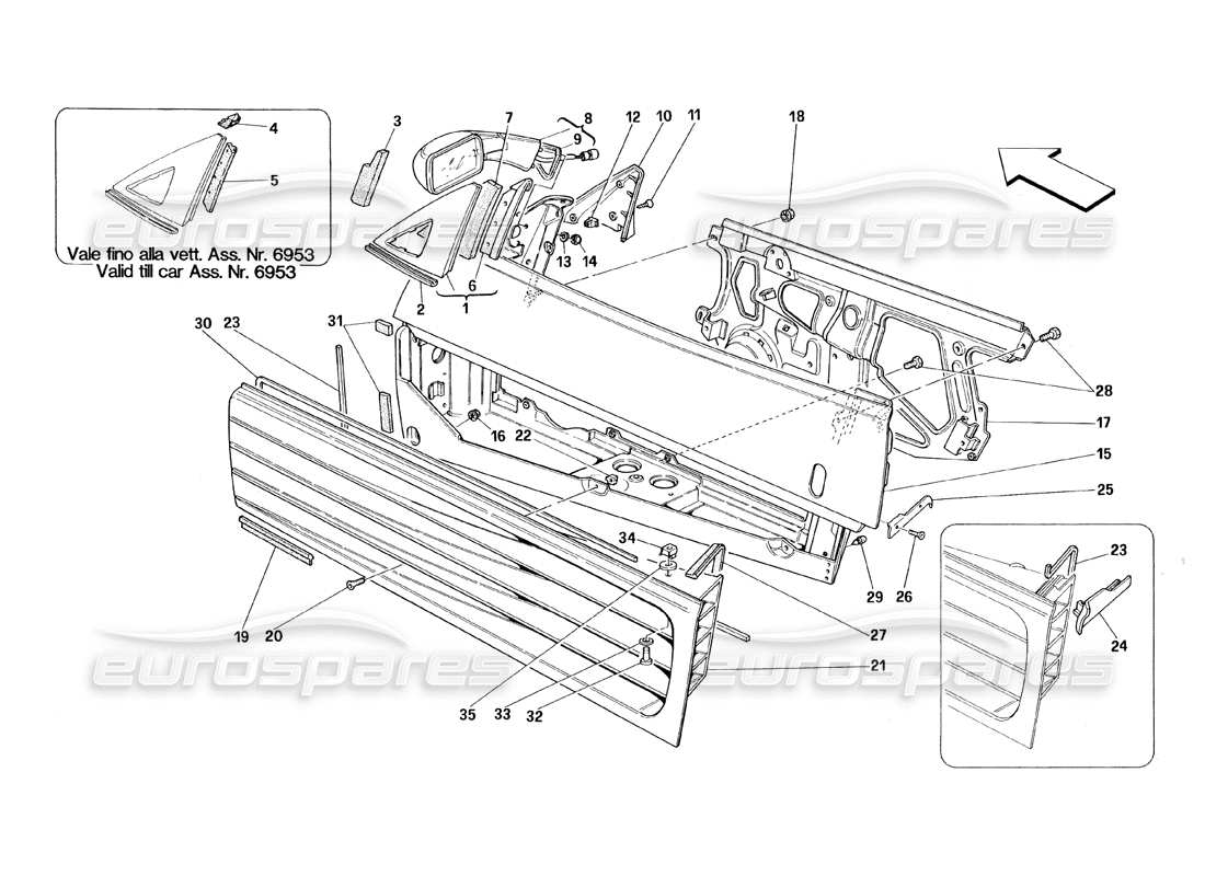 Ferrari 348 (1993) TB / TS Doors - Framework and Rear Mirror Part Diagram