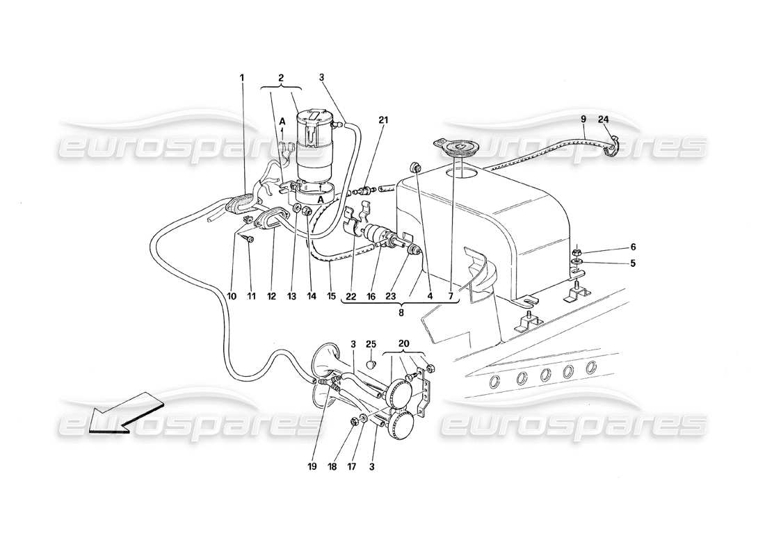 Ferrari 348 (1993) TB / TS Glass Washer and Horns Part Diagram