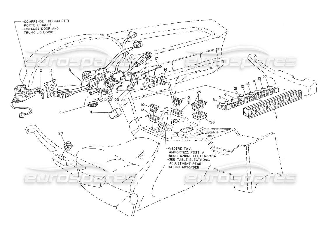 Maserati Ghibli 2.8 (Non ABS) Switches and Antitheft Steering Lock Part Diagram