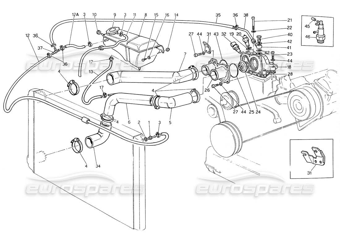 Maserati Biturbo Spider Engine Cooling Pipes and Thermostat Part Diagram