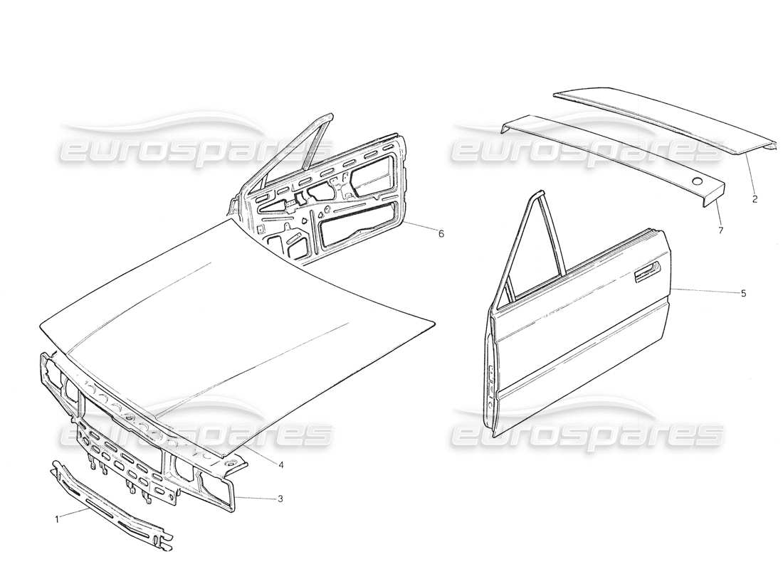 Maserati Biturbo Spider Body Shell: Front Panel, Bonnet, Roof Panel, Doors and Hood Part Diagram