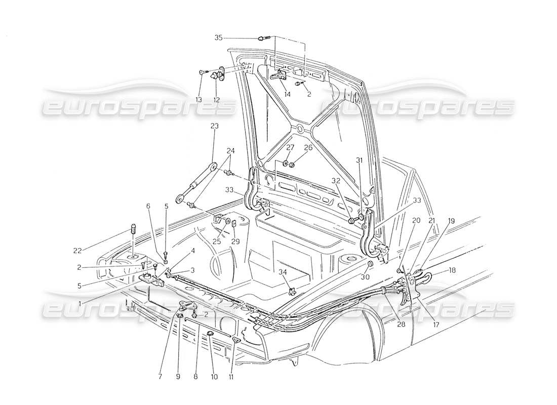 Maserati Biturbo Spider Bonnet: Hinges and Bonnet Release Part Diagram