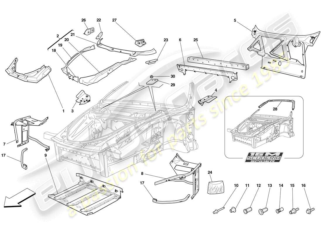 Ferrari F430 Scuderia (Europe) CHASSIS - COMPLETE FRONT STRUCTURE AND PANELS Part Diagram