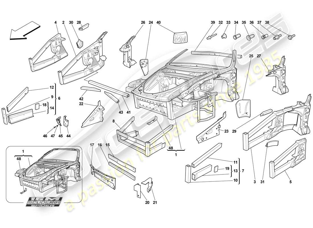 Ferrari F430 Scuderia (Europe) CHASSIS - STRUCTURE, FRONT ELEMENTS AND PANELS Part Diagram