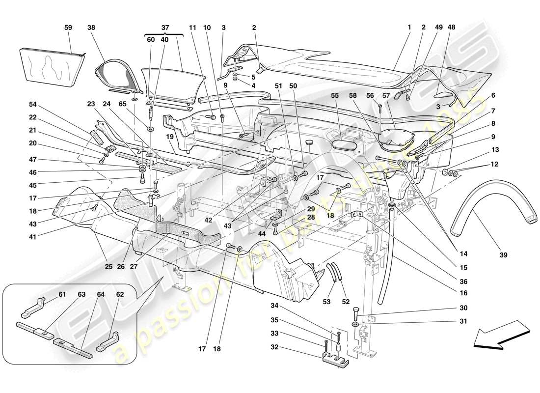 Ferrari F430 Scuderia (Europe) roof trim and container tub Part Diagram