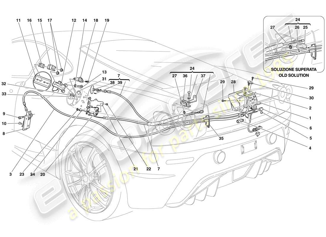 Ferrari F430 Scuderia (Europe) ENGINE COMPARTMENT LID AND FUEL FILLER FLAP OPENING MECHANISMS Part Diagram
