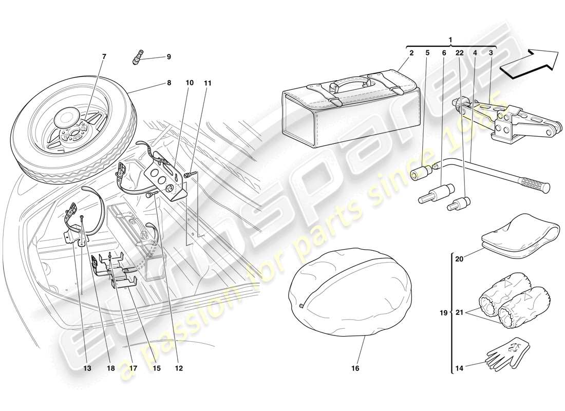 Ferrari F430 Scuderia (RHD) spare wheel and tools Part Diagram