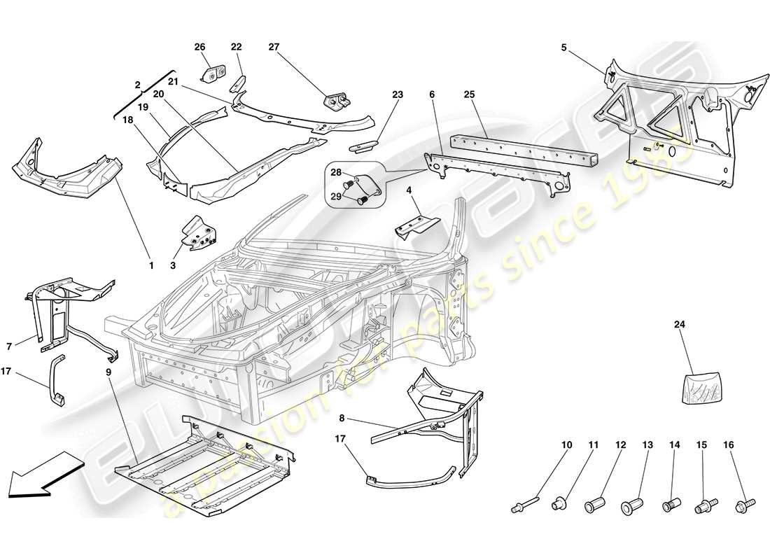 Ferrari F430 Coupe (Europe) CHASSIS - COMPLETE FRONT STRUCTURE AND PANELS Part Diagram