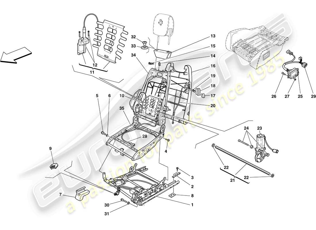 Ferrari F430 Coupe (RHD) electric seat - guides and adjustment mechanisms Part Diagram