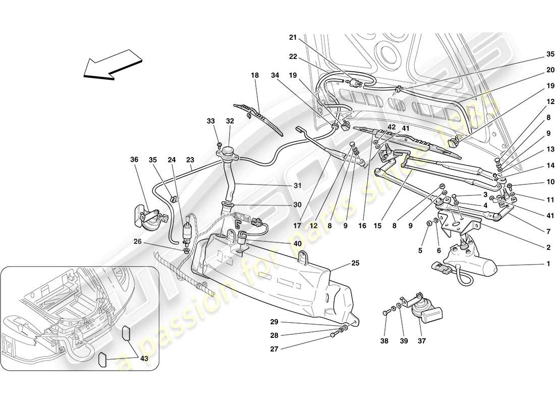 Ferrari F430 Coupe (USA) Windscreen Wiper, Windscreen Washer and Horns Part Diagram