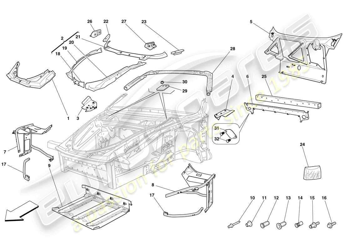 Ferrari F430 Spider (Europe) CHASSIS - COMPLETE FRONT STRUCTURE AND PANELS Part Diagram