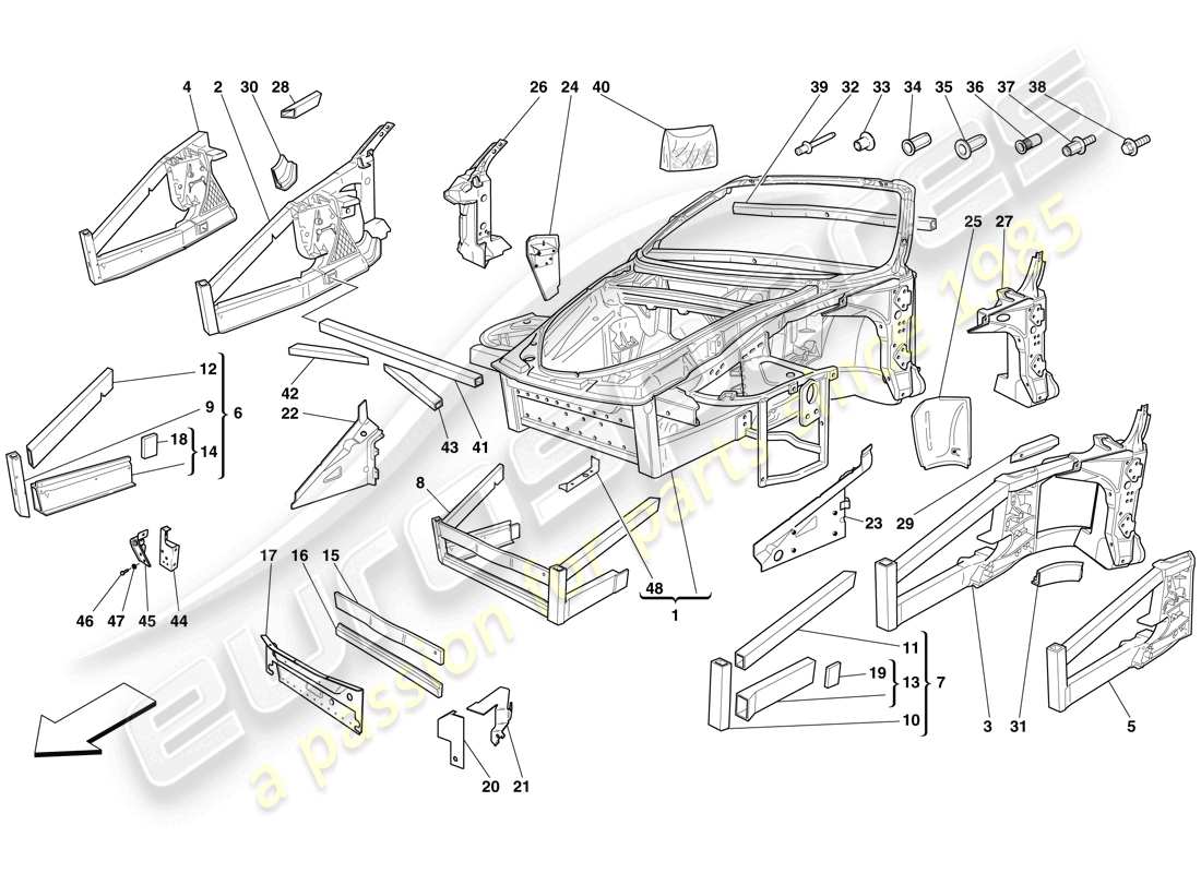 Ferrari F430 Spider (RHD) CHASSIS - STRUCTURE, FRONT ELEMENTS AND PANELS Part Diagram