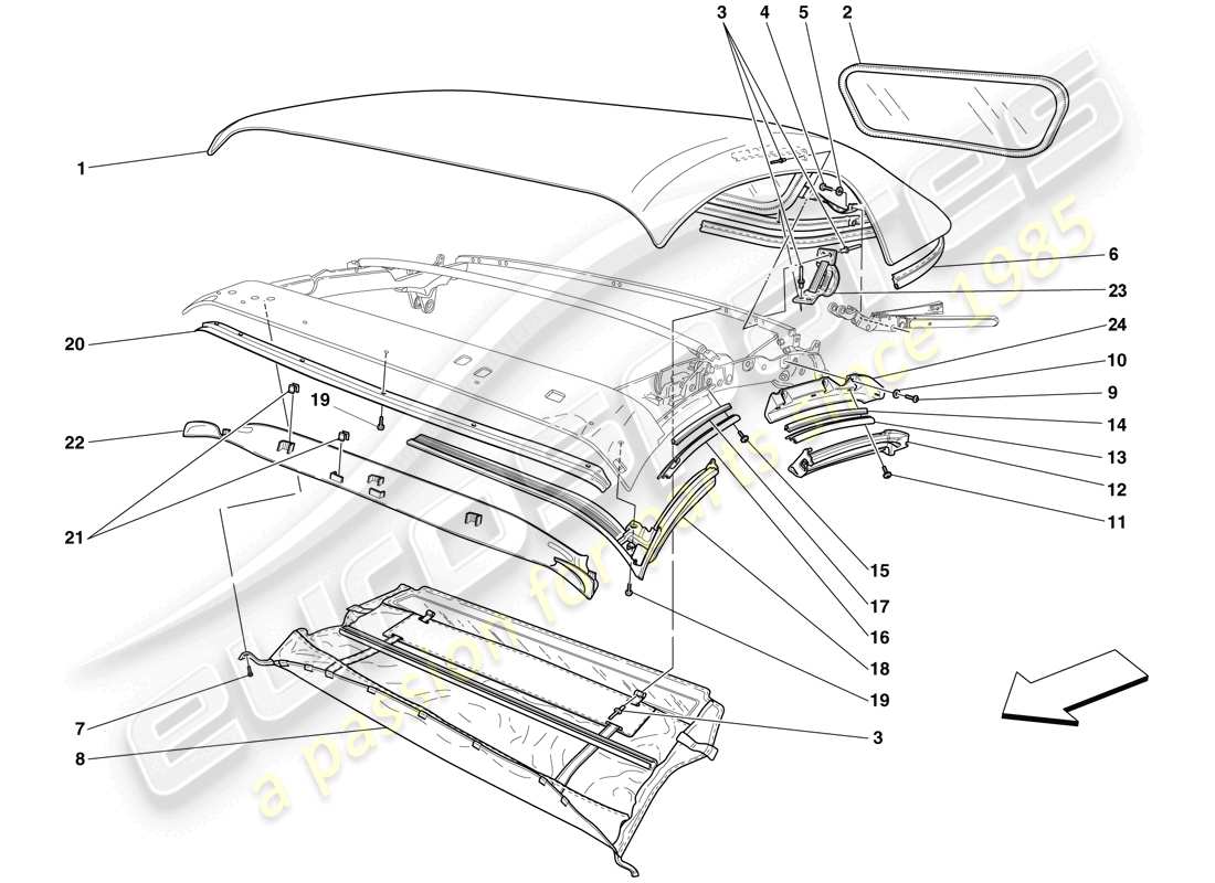 Ferrari F430 Spider (RHD) ROOF CANVAS - SEALS - MOULDINGS Part Diagram