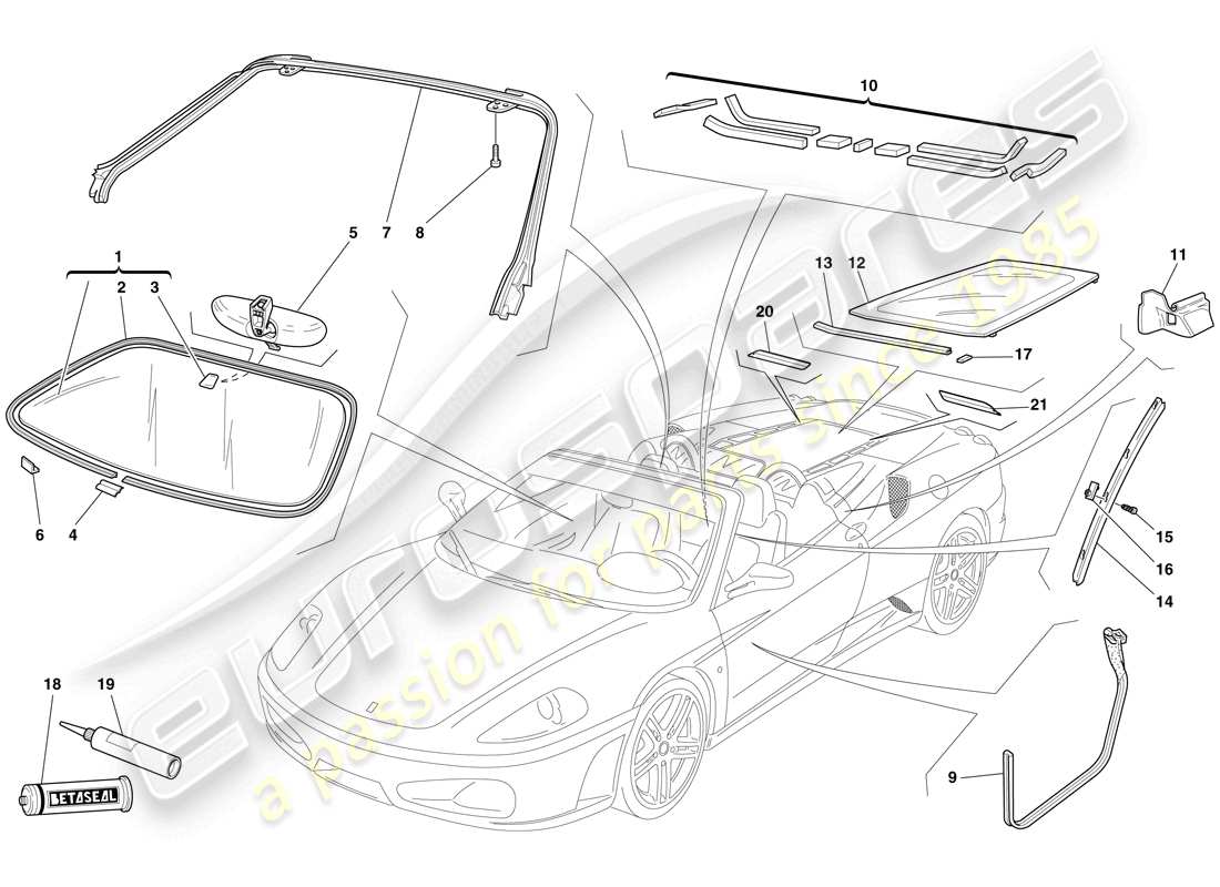 Ferrari F430 Spider (RHD) SCREENS, WINDOWS AND SEALS Part Diagram