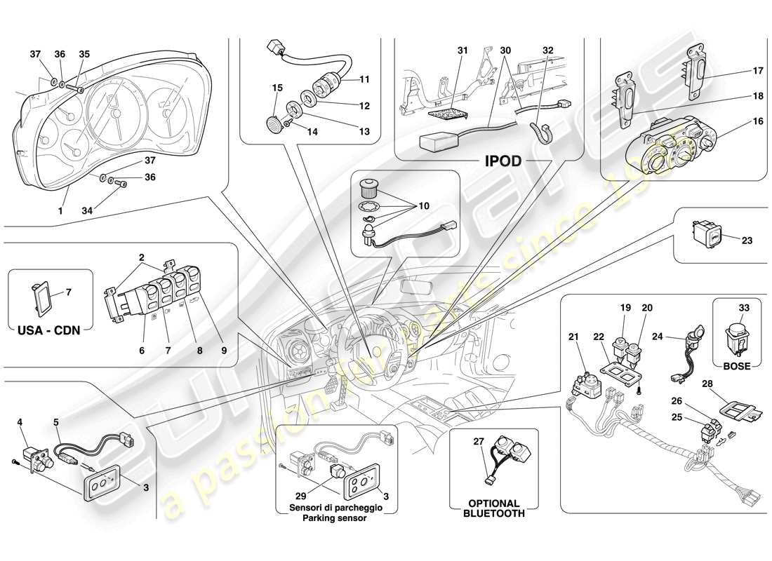 Ferrari F430 Spider (RHD) DASHBOARD AND TUNNEL INSTRUMENTS Part Diagram
