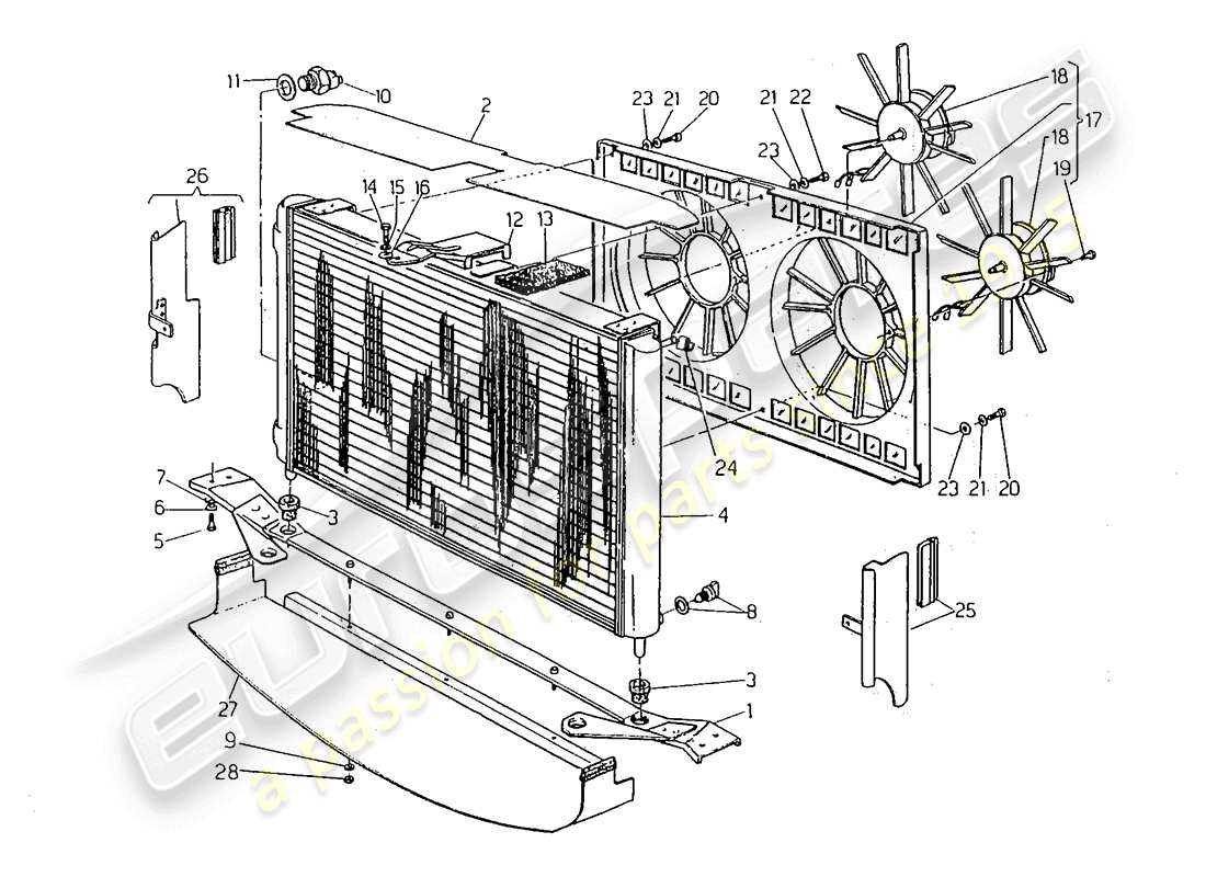 Maserati 418 / 4.24v / 430 radiator and cooling fans Part Diagram