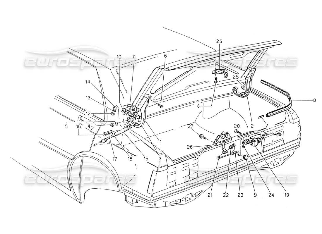Maserati 418 / 4.24v / 430 Trunk Lid, Hinges and Opening Controls Part Diagram
