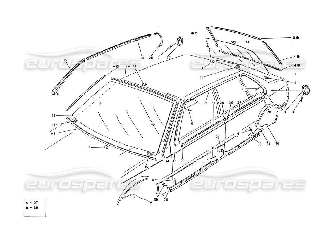 Maserati 418 / 4.24v / 430 Fixed Glasses and Finishers Part Diagram