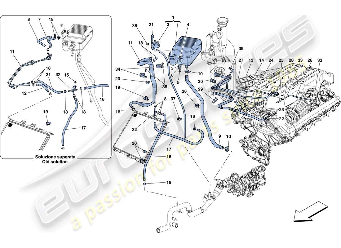 Ferrari FF (Europe) COOLING - HEADER TANK AND PIPES Part Diagram