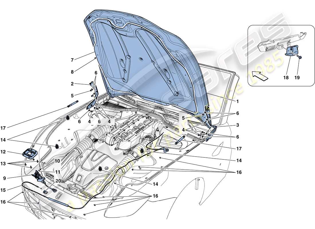 Ferrari FF (RHD) FRONT LID AND OPENING MECHANISM Part Diagram