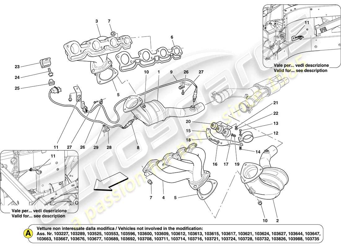Ferrari California (RHD) pre-catalytic converters and catalytic converters Part Diagram