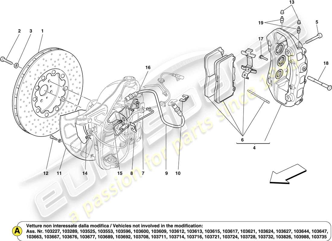 Ferrari California (RHD) FRONT WHEEL BRAKE SYSTEM COMPONENTS Part Diagram