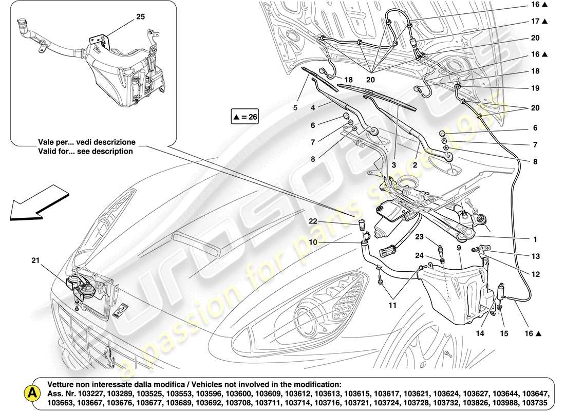Ferrari California (RHD) Windscreen Wiper, Windscreen Washer and Horns Part Diagram