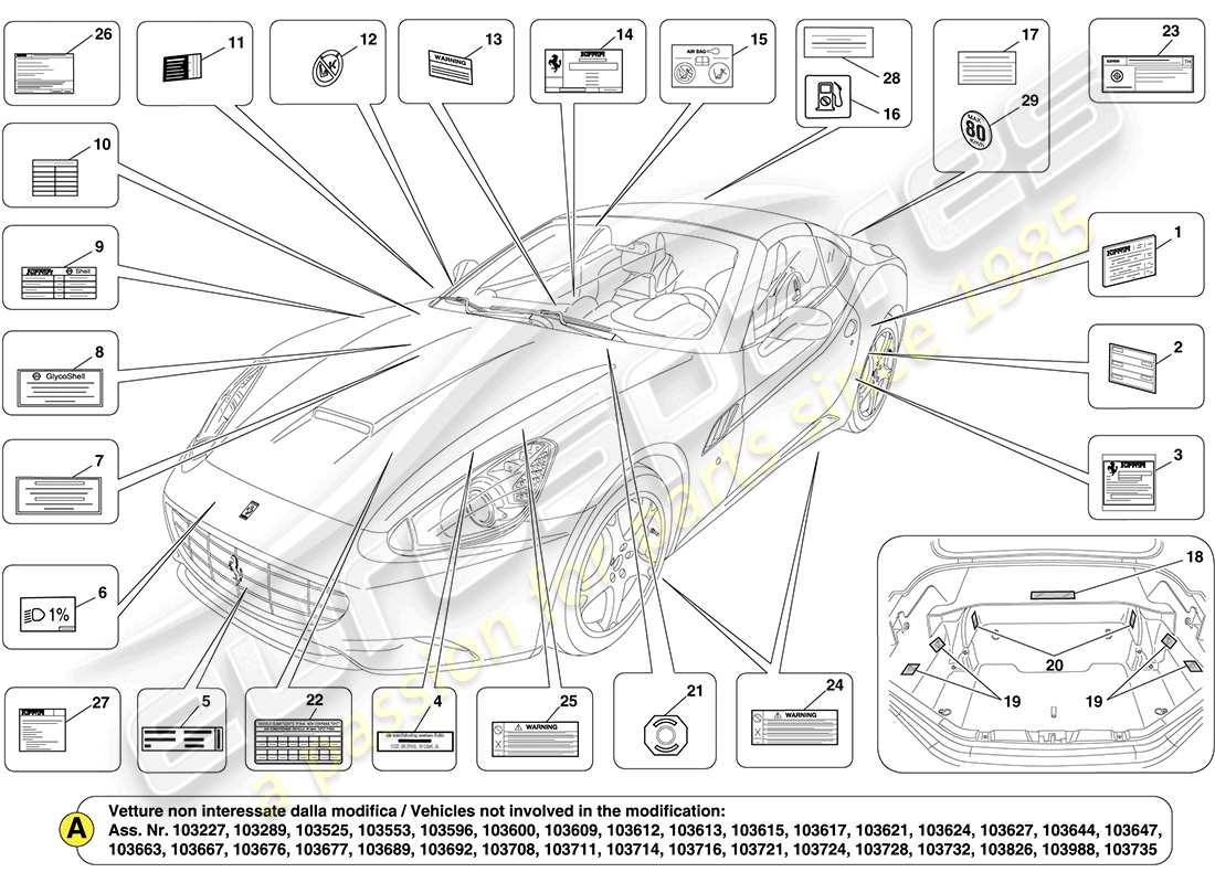 Ferrari California (RHD) ADHESIVE LABELS AND PLAQUES Part Diagram