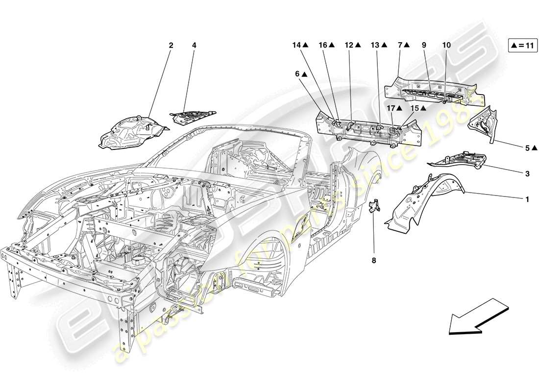 Ferrari California (USA) rear bodyshell and external trim Part Diagram
