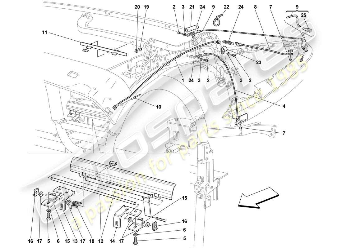 Ferrari F430 Scuderia Spider 16M (RHD) roof cables and mechanism Parts Diagram