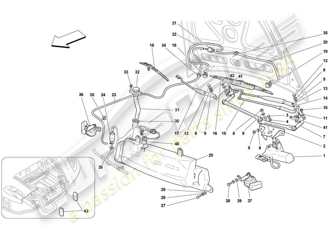 Ferrari F430 Scuderia Spider 16M (RHD) Windscreen Wiper, Windscreen Washer and Horns Part Diagram