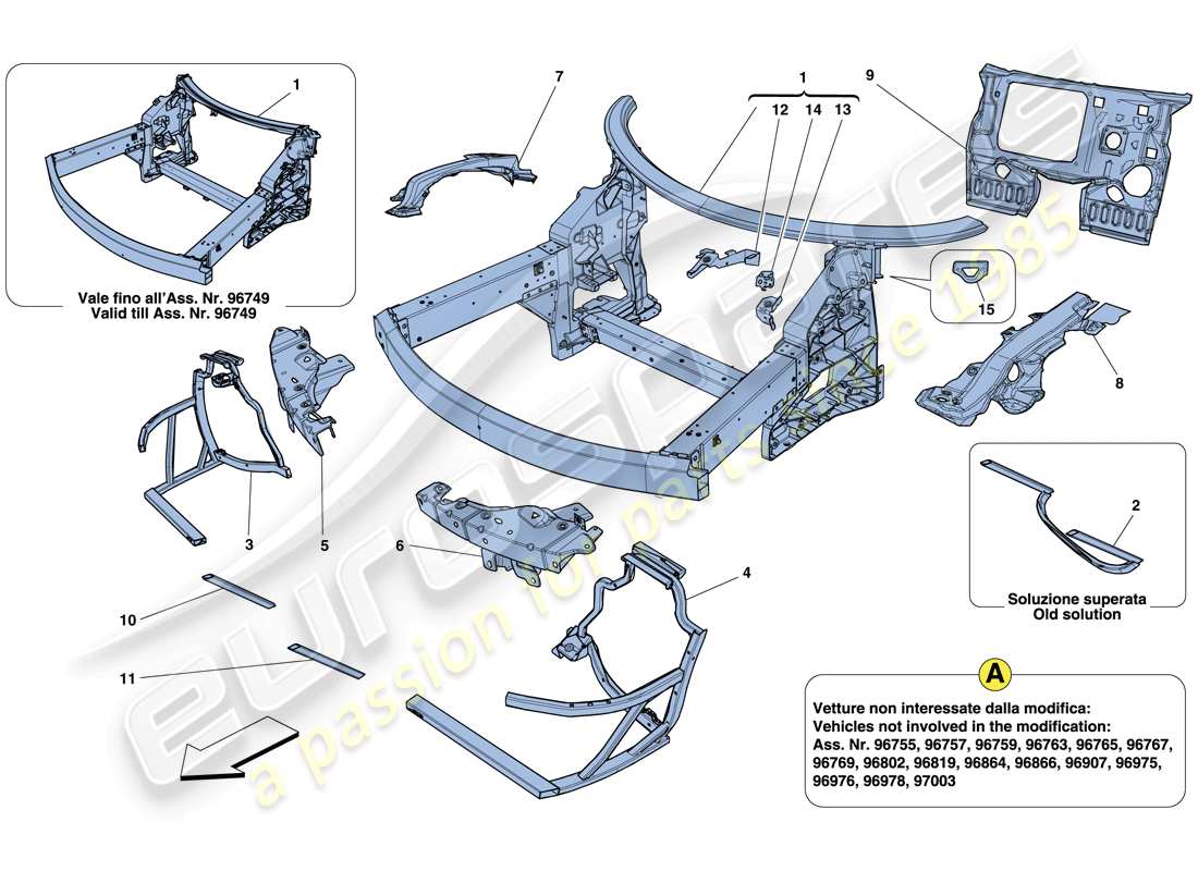 Ferrari 458 Italia (Europe) CHASSIS - COMPLETE FRONT STRUCTURE AND PANELS Part Diagram